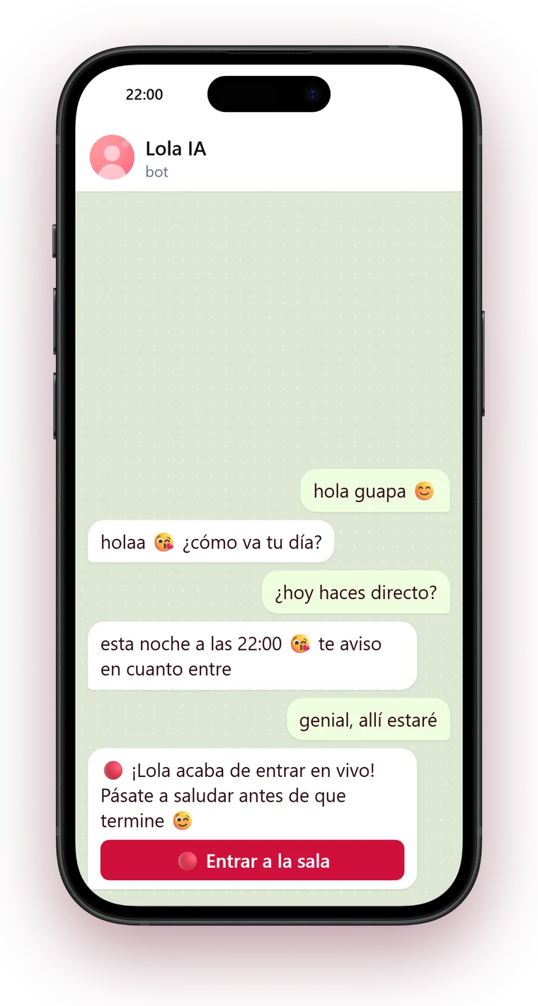 Aviso en Telegram: Lola acaba de entrar en vivo, con el botón para entrar a la sala