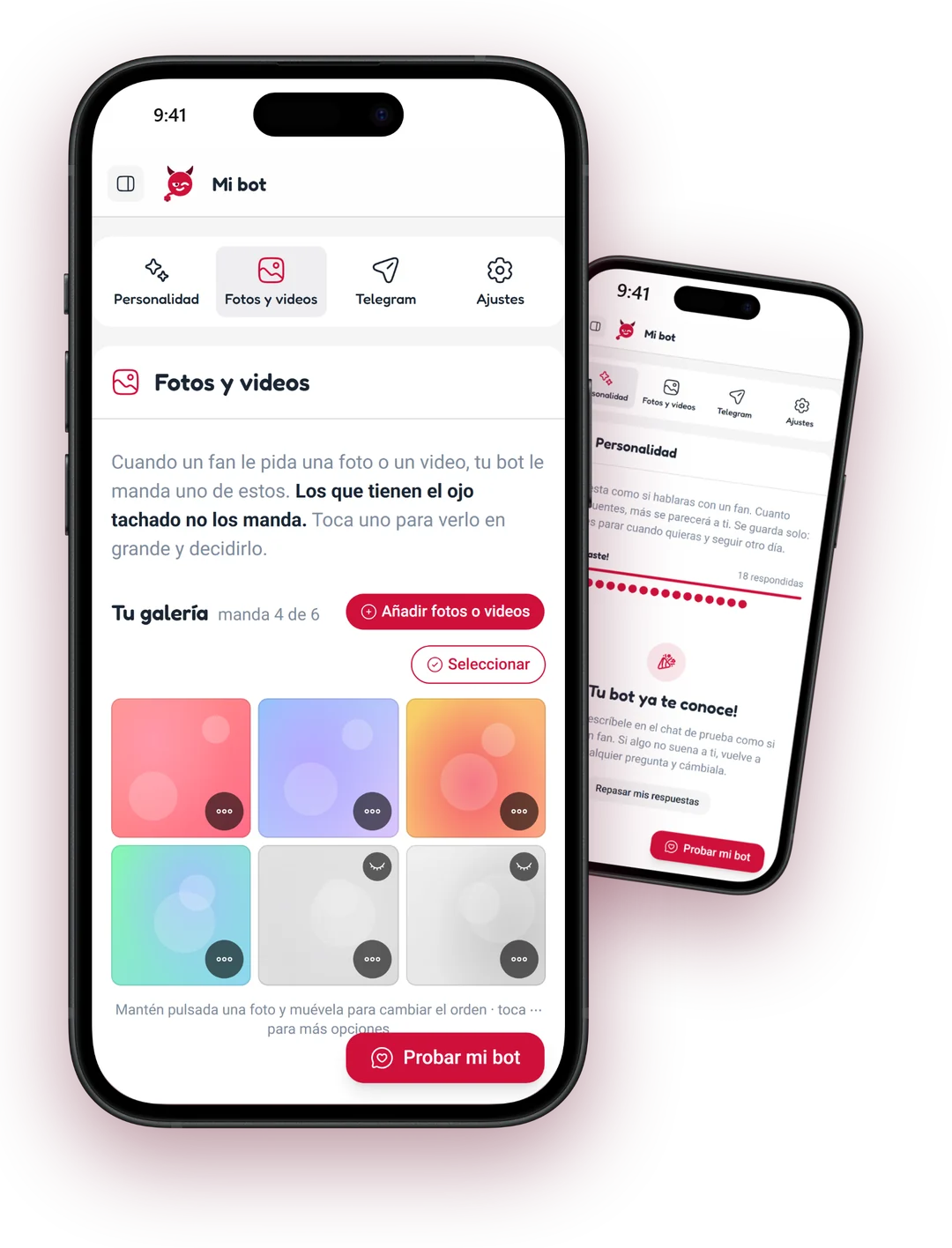 Mi bot en el panel: la galería de fotos y vídeos, con las que no manda tachadas