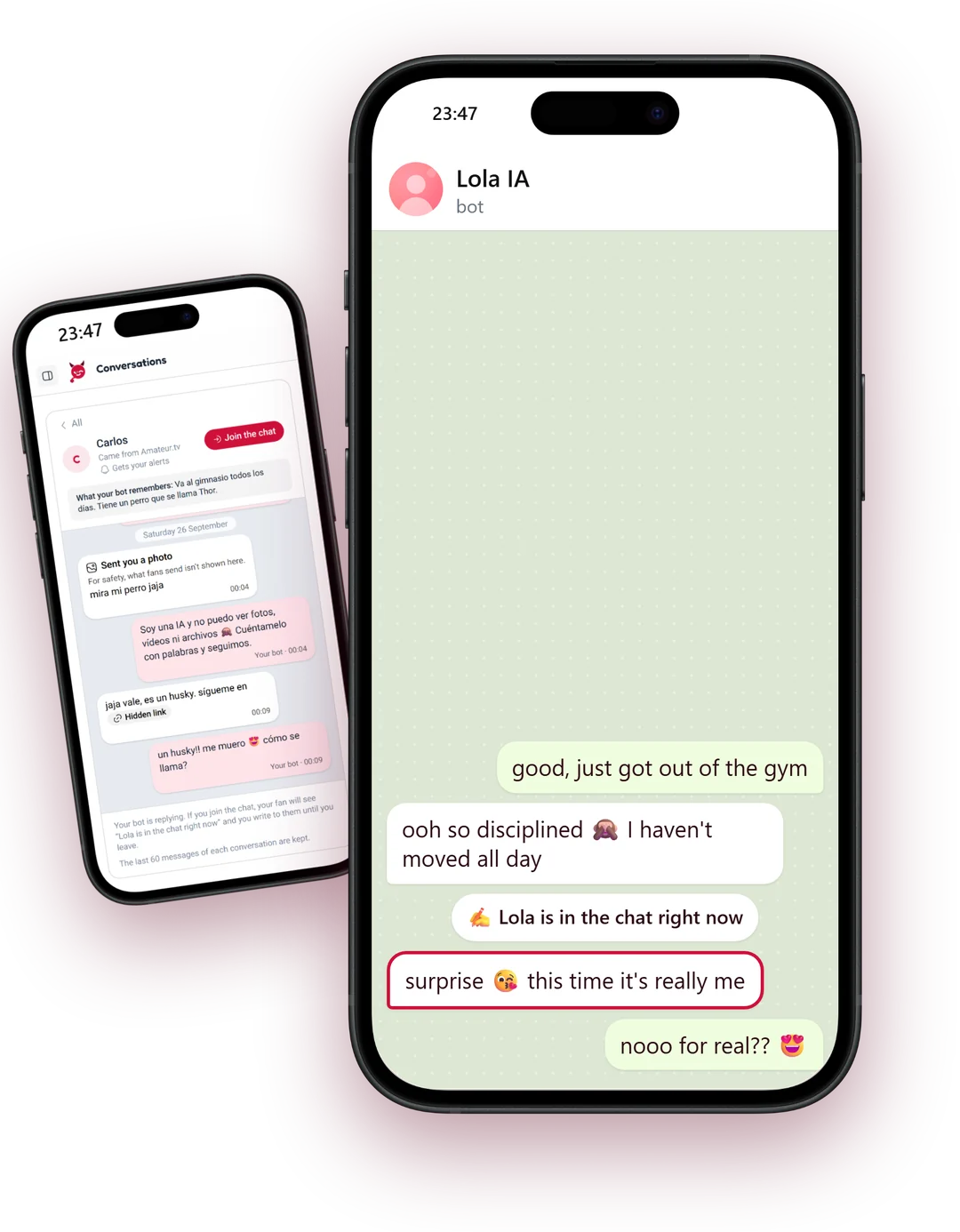 The panel inbox with the Join chat button, and the fan getting a message written by Lola